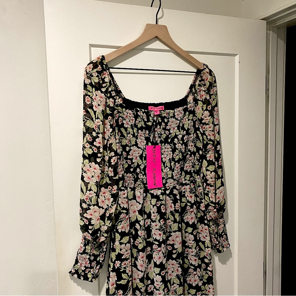 Betsey Johnson Cherry Blossom Floral Smocked Long Sleeve Chiffon Midi Dress